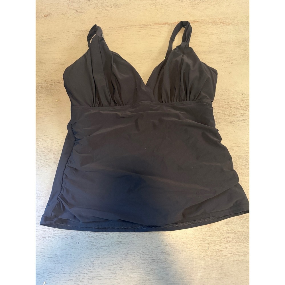 Lands End Black Ruched Tankini Top Swimwear V-Neck Adjustable Straps 14
